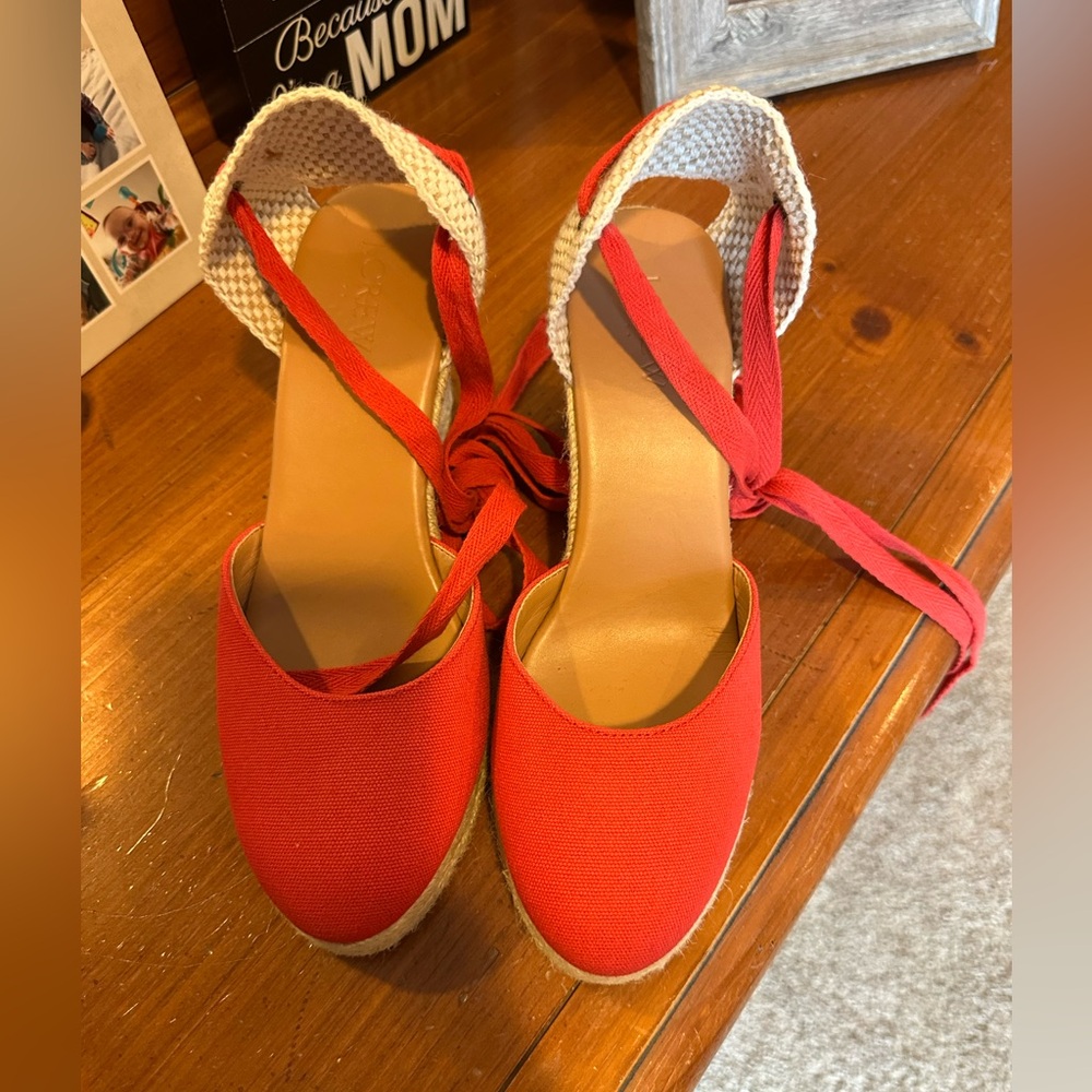 J Crew Red Lace-Up Espadrille Wedge Sandals. EUC